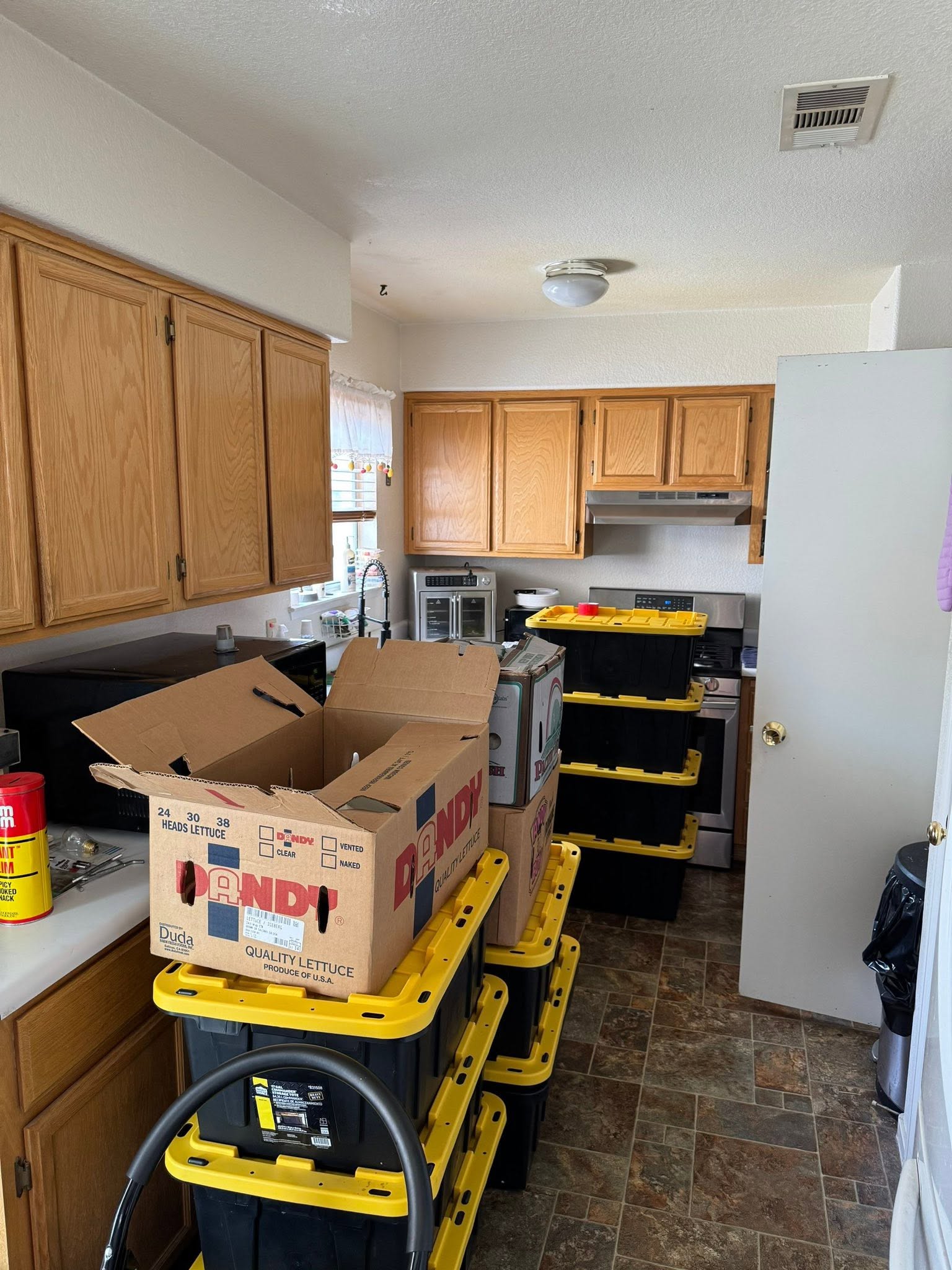 Kitchen before renovation — dated oak cabinets